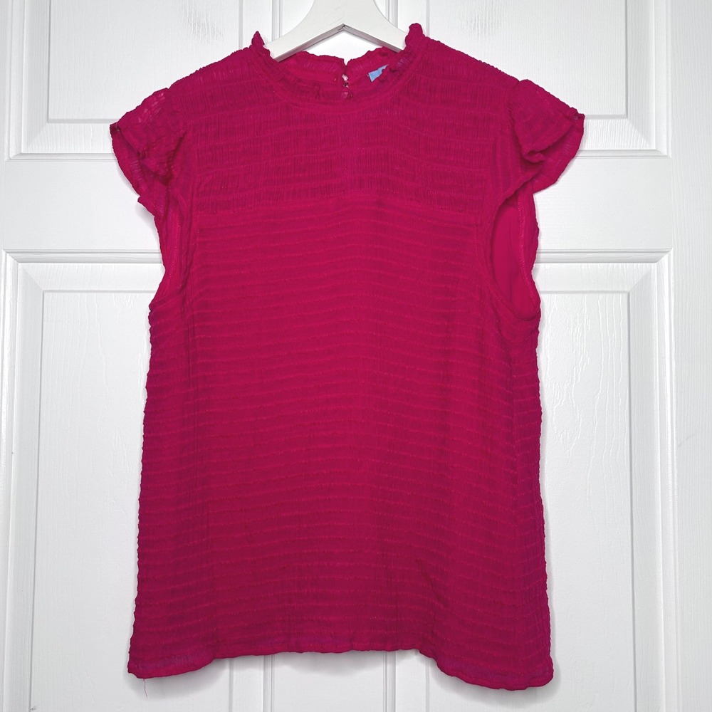 CeCe Ruffle Mock Neck Top Textured Cap Sleeve Blouse Raspberry Pink Size M - Picture 2 of 6
